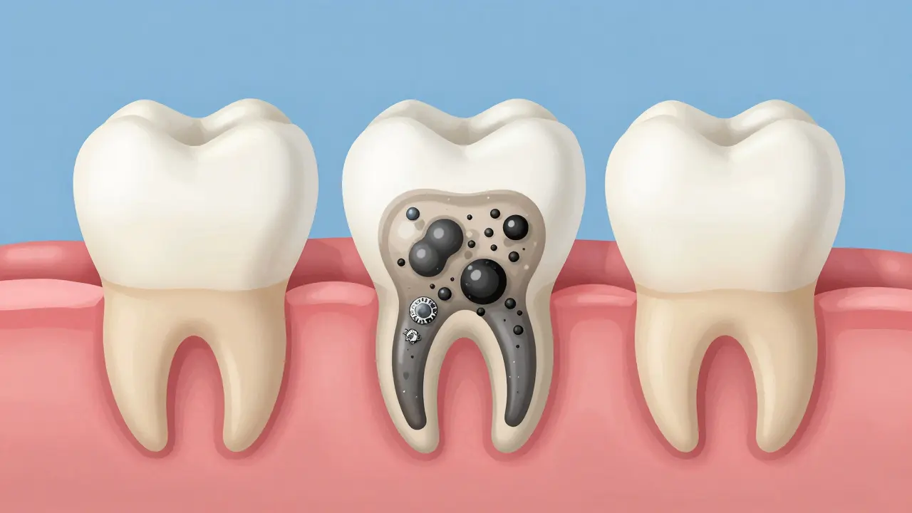 Průřez zubu ukazující vznik černého kamene z plaku