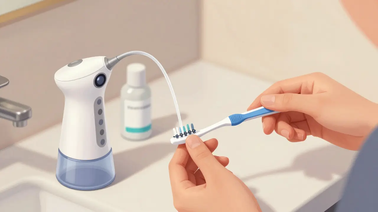 Ruce drží interdentalní kartáček a irigátor, fluoridový výplach je vidět na pozadí.