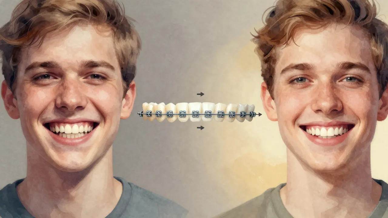 Side-by-side comparison of crooked and straight teeth with braces in between.
