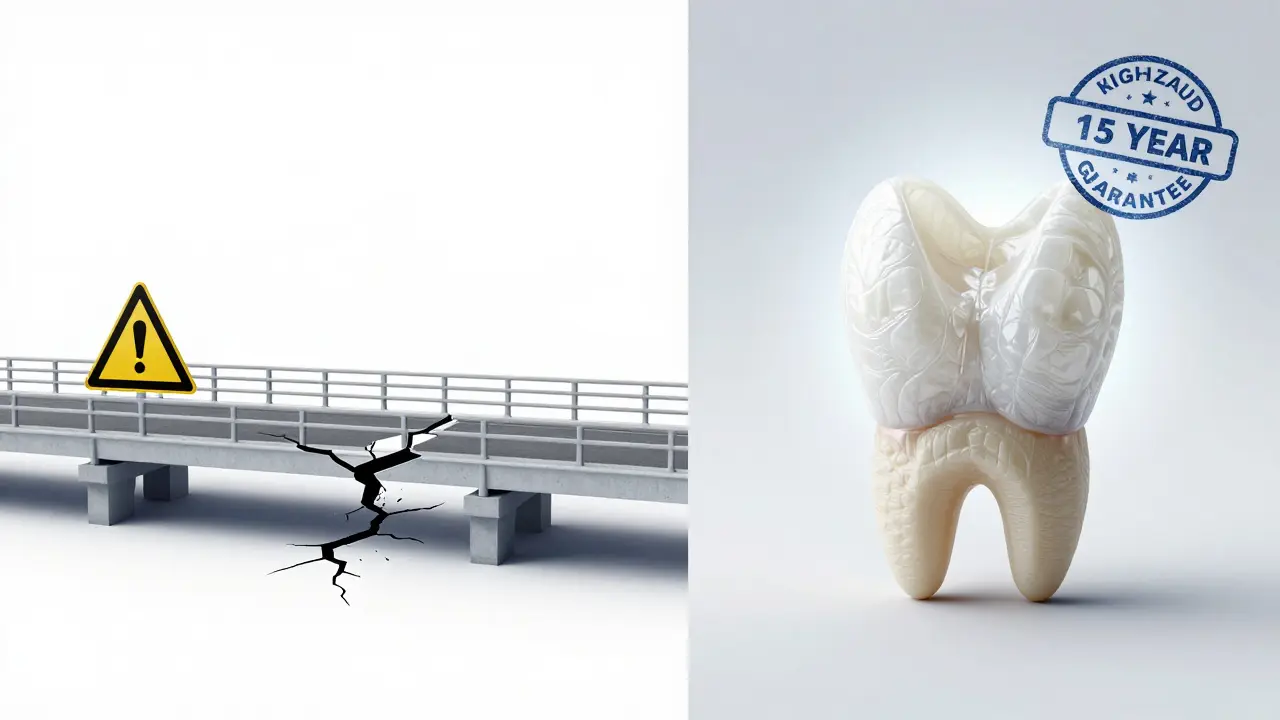 Split image contrasting a damaged cheap bridge with a durable high-quality zirconia bridge under light.