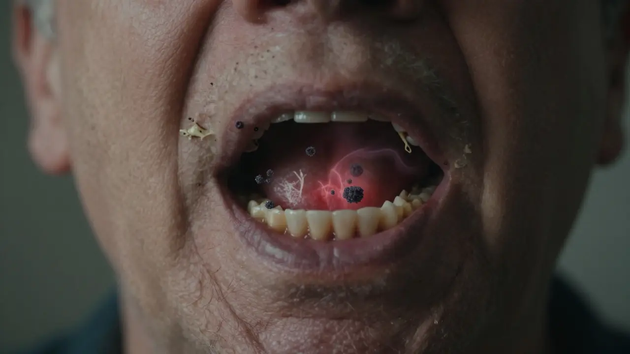 Stáhnuté dásně odhalující kořeny zubů s kamenem a znaky zánětu.