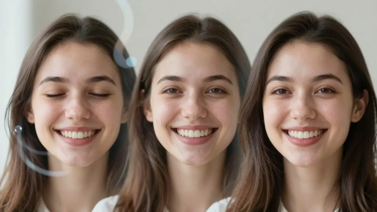 Tři fáze jedné osoby: styd, přechod a sebedůvěra — všechny v odrazu zrcadla.