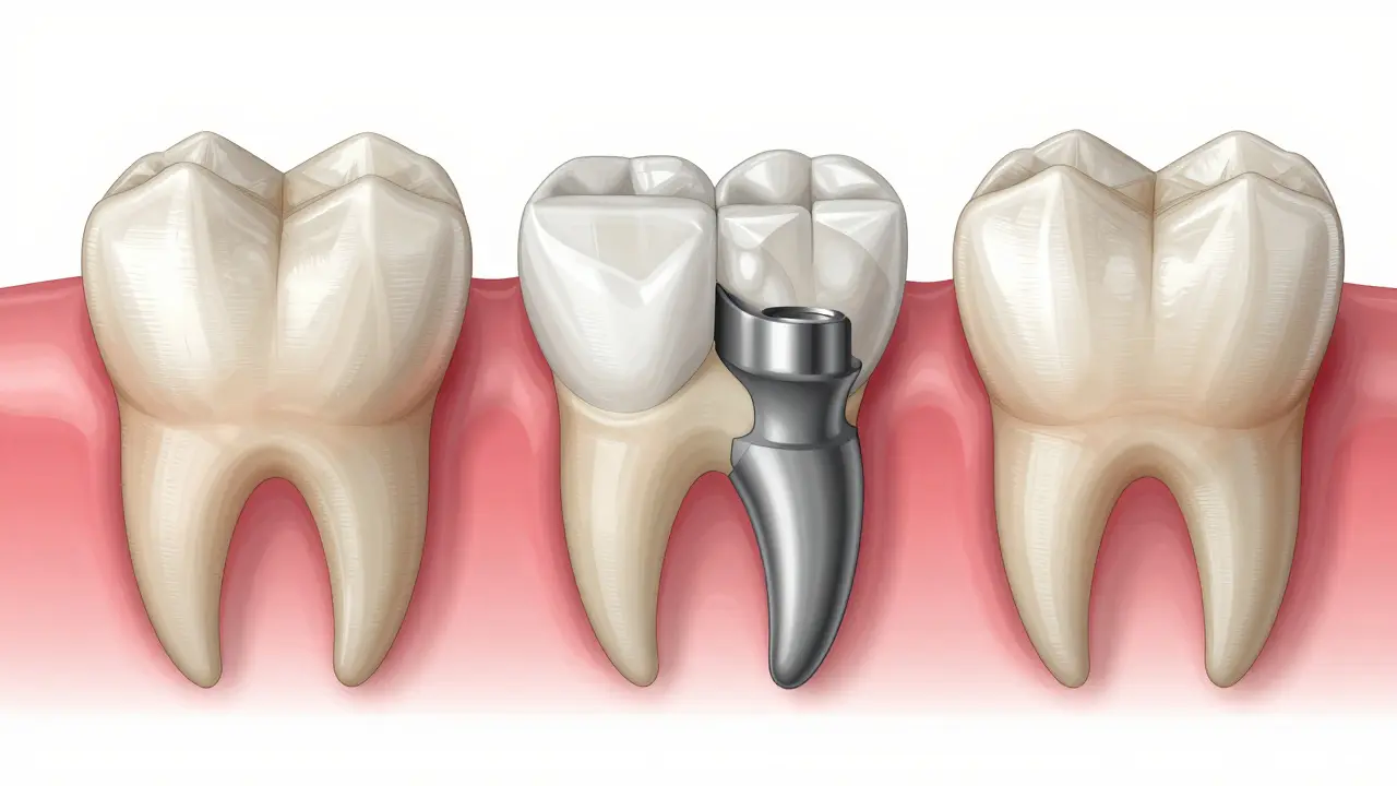 Tři typy oprav předního zubu: kompozitní výplň, výztuž s vlákny a zirkoniová korunka.