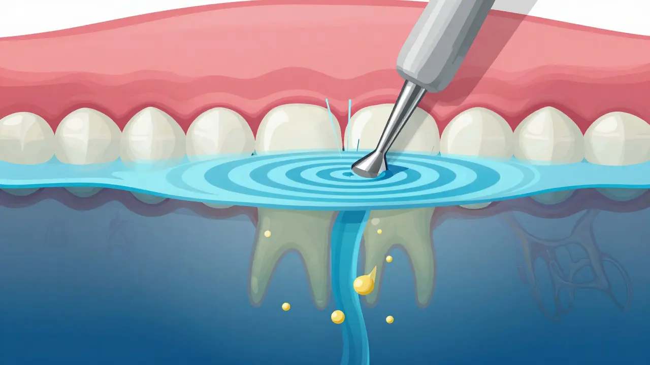 Ultrazvukové vlny rozpadají zubní kámen na povrchu zubu a pod dásní.