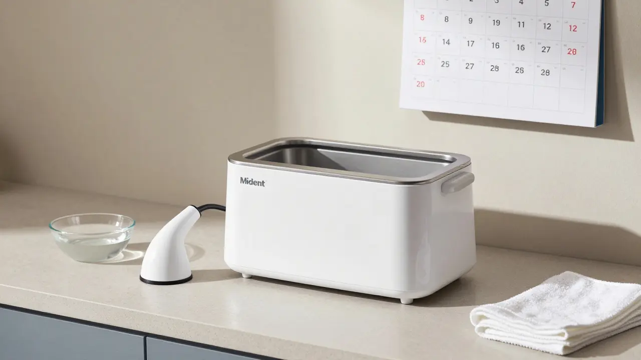 Ultrazvukový čistič zubů Mident s vyměnitelnou hlavicí na suchém povrchu.