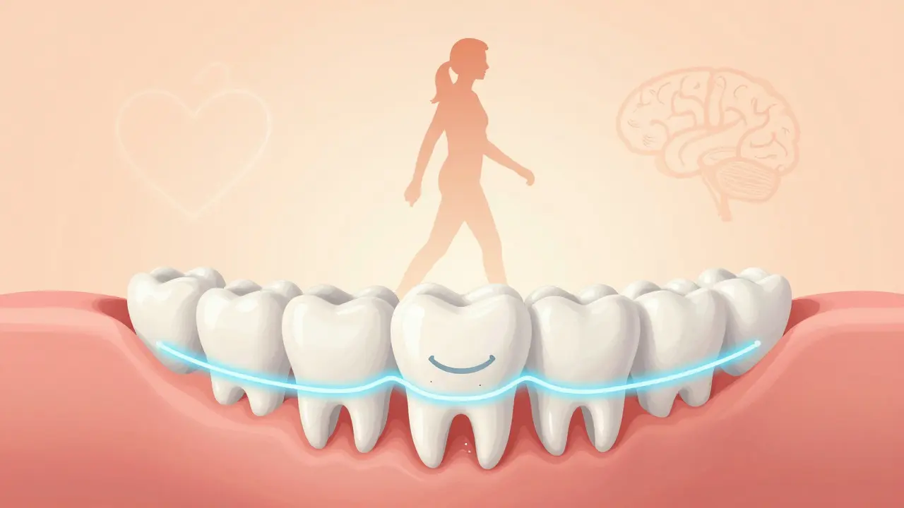 Zdravý úsměv s jedním zubem, který se rozpadá, zatímco ostatní jsou chráněny fluoridem.