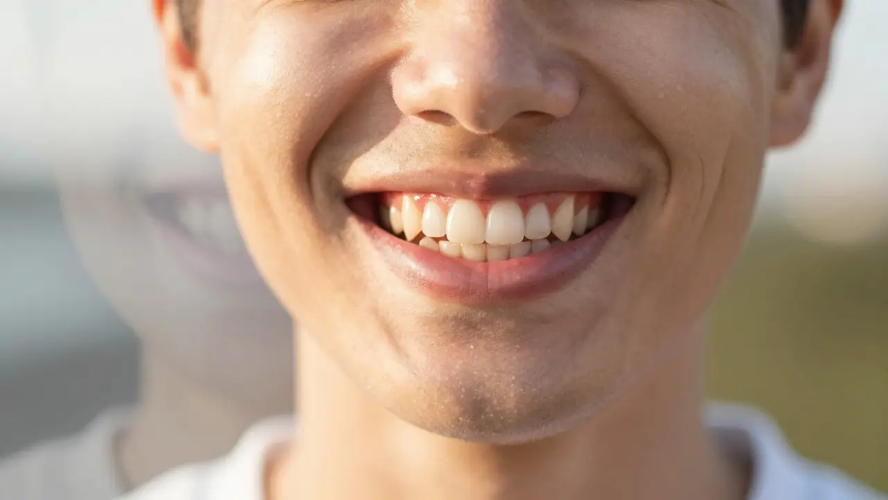 Zdravý úsměv s přirozeně ležícími dásněmi, bez krvácení nebo oteklých oblastí, osvětlený teplým slunečním světlem.