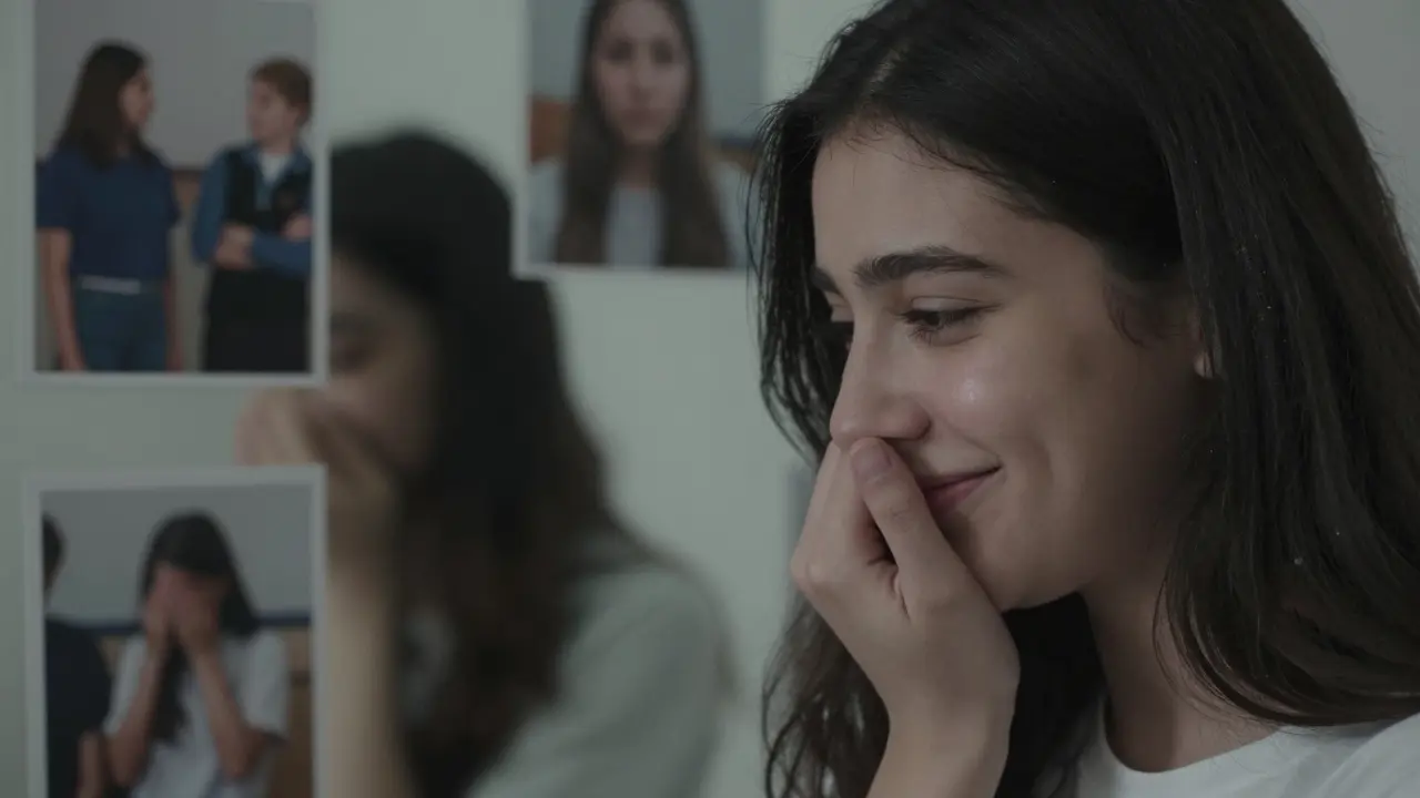 Žena se zdráhá smát do zrcadla, zatímco kolem ní jsou obrazy sociální izolace.