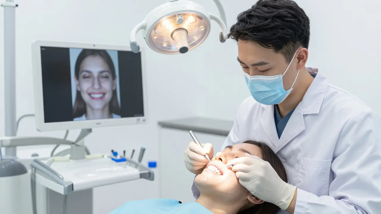 Zubař přilepuje tenké keramické fazety na přední zuby pacienta v klinice.