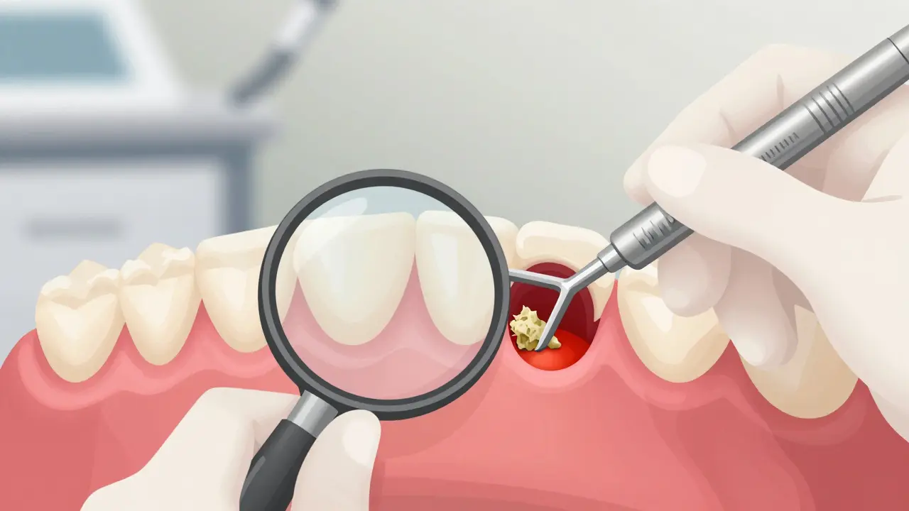 Zubní lékař provádí kyretáž pod dásní, odstraňuje kámen a zánětlivé tkáně z mezery mezi zubem a dásní.