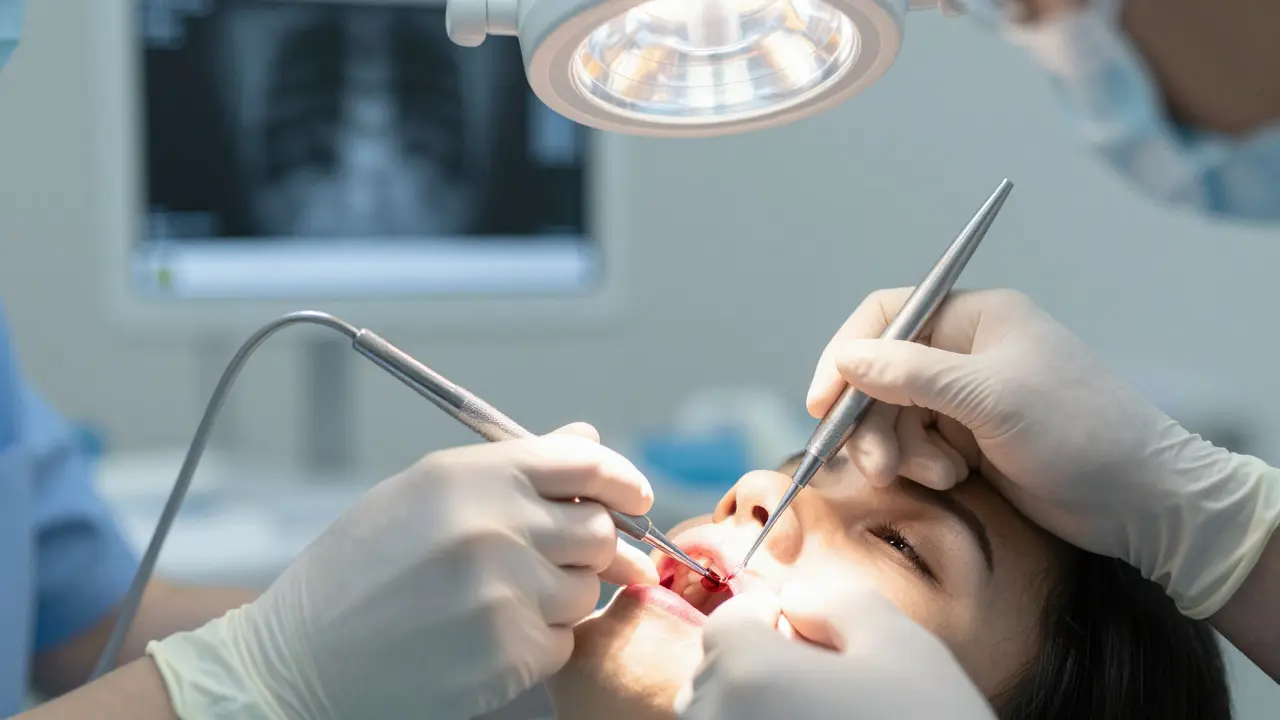 Zubní lékař provádí odtok hnisu z dásně, pacient cítí ulevu.