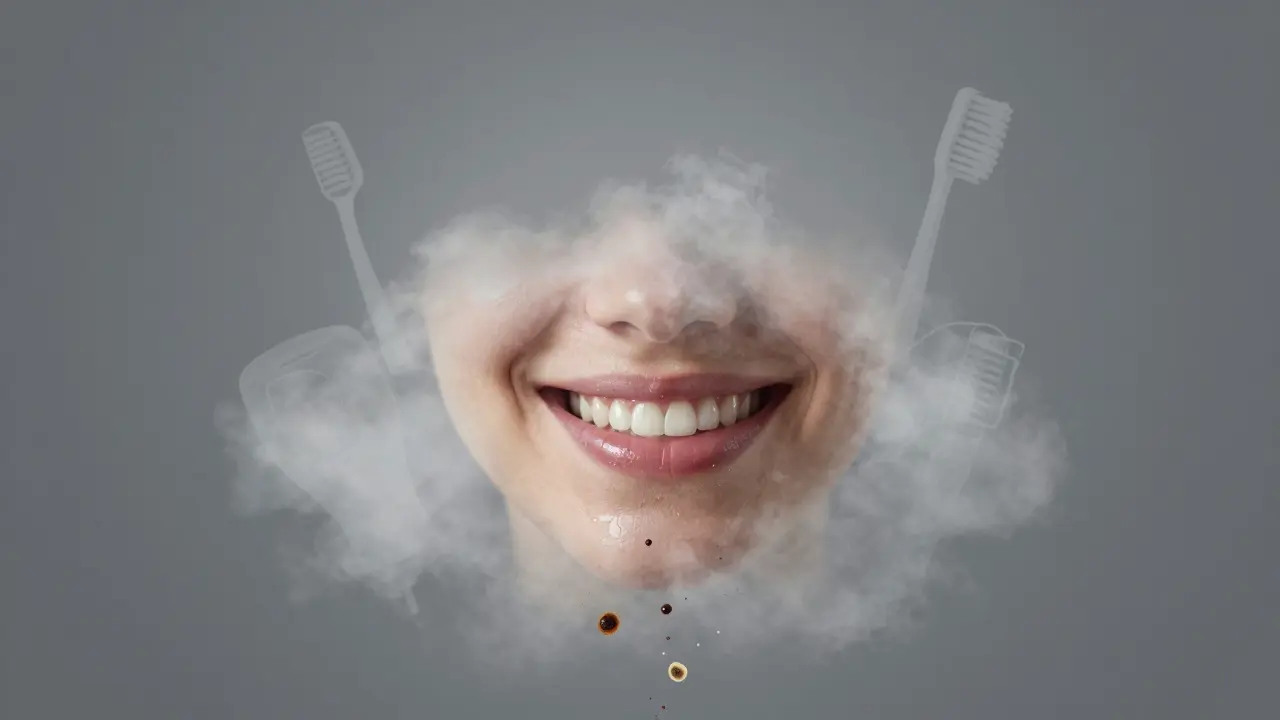 A radiant smile emerging from a mist of dissolving impurities, symbolizing dental renewal.