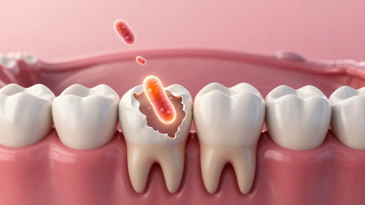 Bakterie ničí cement mezi zuby, zatímco dásně postupně ustupují