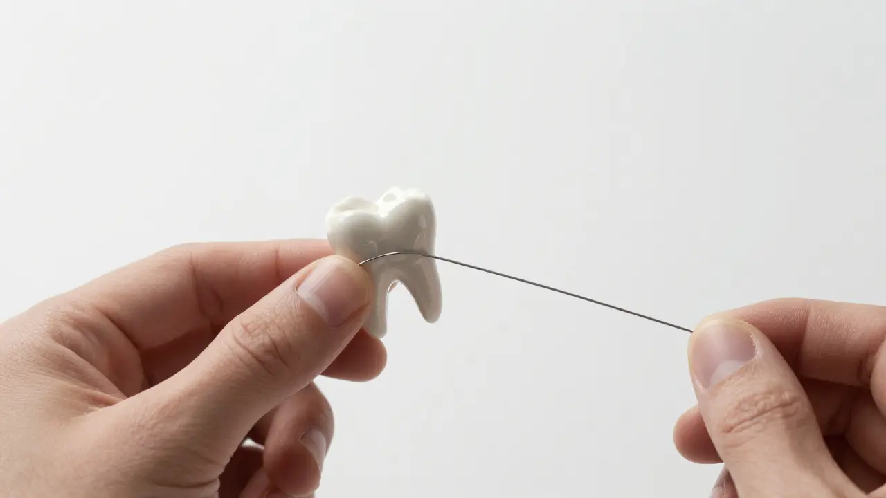 Close-up of a ceramic bracket and thin orthodontic wire against a white background.