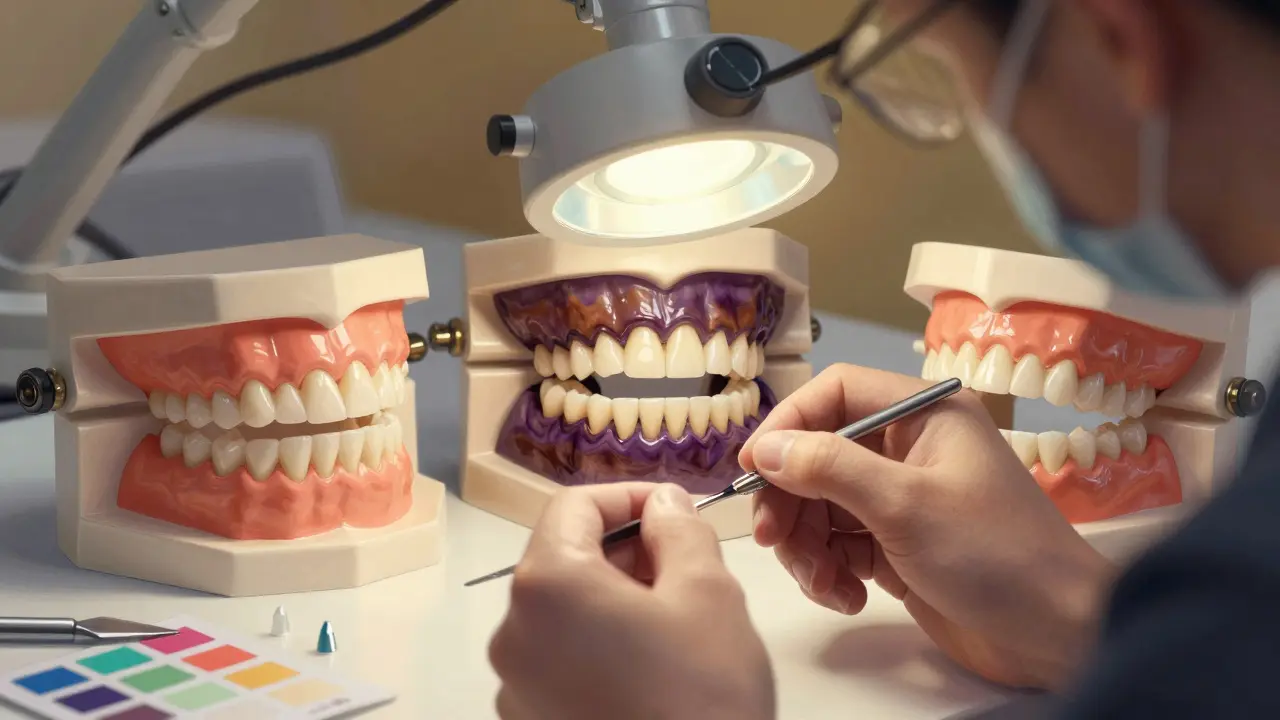 Dentální technik vyrábí porcelánové vložky pro zuby postižené tetracyklinem.