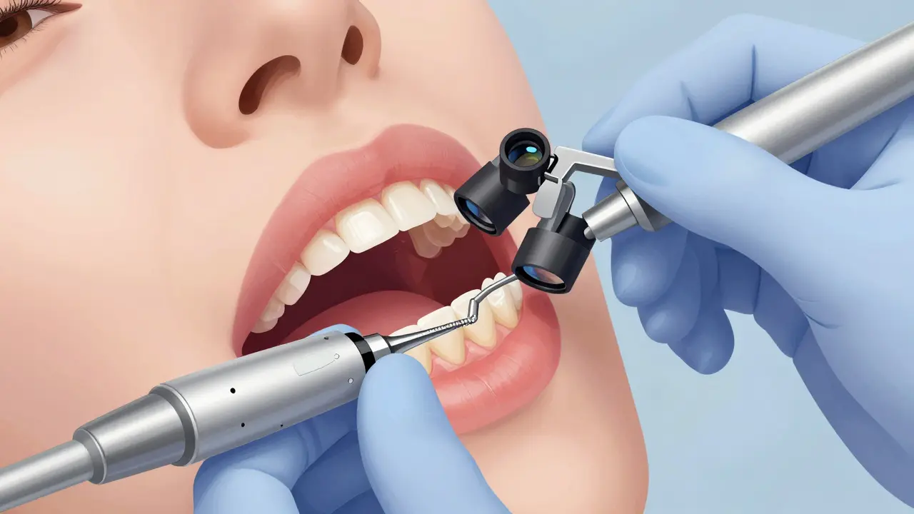 Dentista připravuje přední zub na fasetu jemným frézováním skloviny.