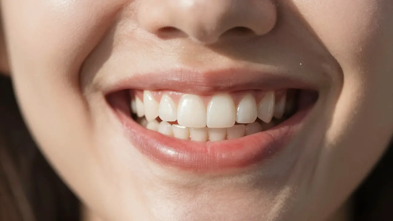 Dokonalý úsměv s keramickými fasetami na předních zubech přirozeně leskne v přírodním světle.