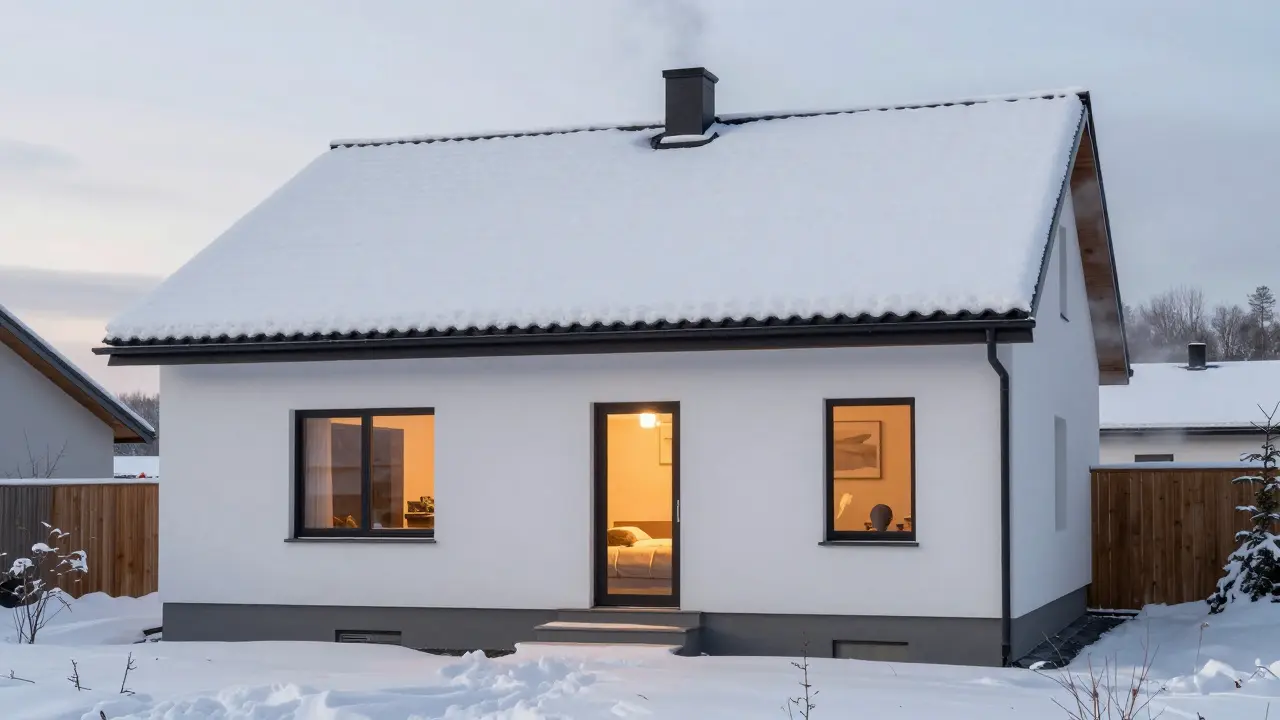 Dům v zimě s čistou střechou a teplým interiérem, sníh na zemi