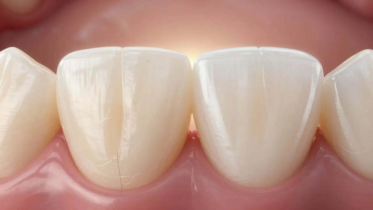 Dva zuby vedle sebe: přirozený a pokrytý veneerem s detailními texturami.