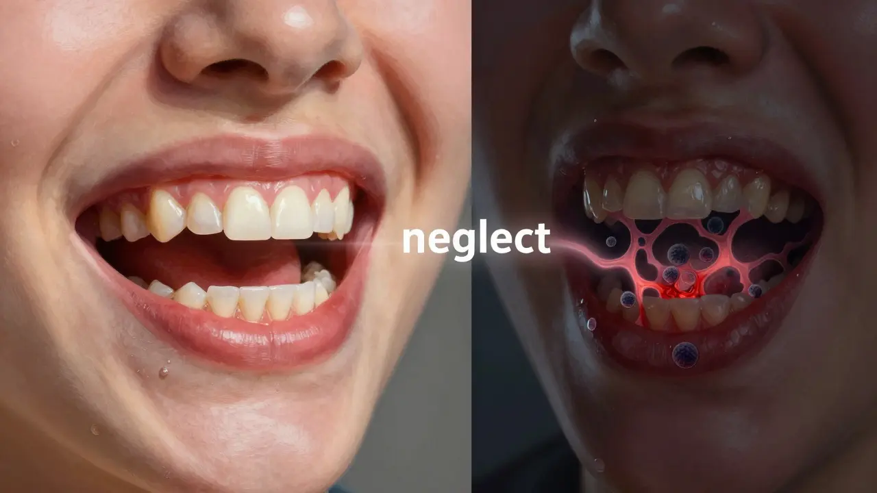 Dvě strany úst: čisté vs. s kamenem a zánětem dásní.