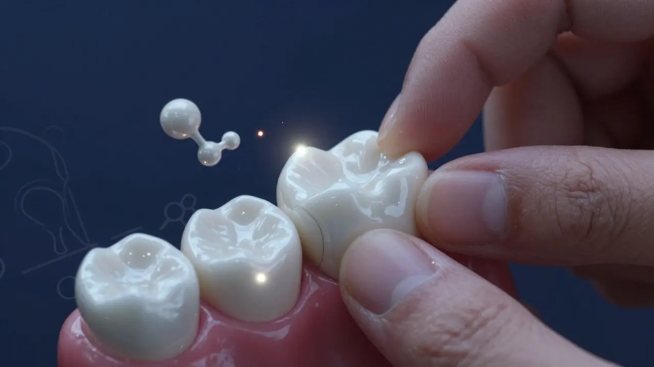 Keramická fazeta přilepená na zub, obklopená jemnými světelnými efekty a detaily materiálu.