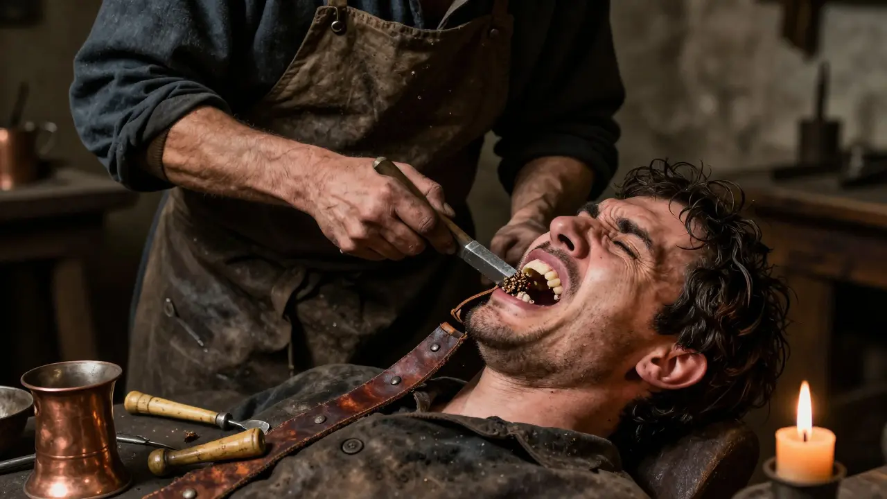 Kovář odstraňuje zubní kámen ostrým kamenem bez anestezie.