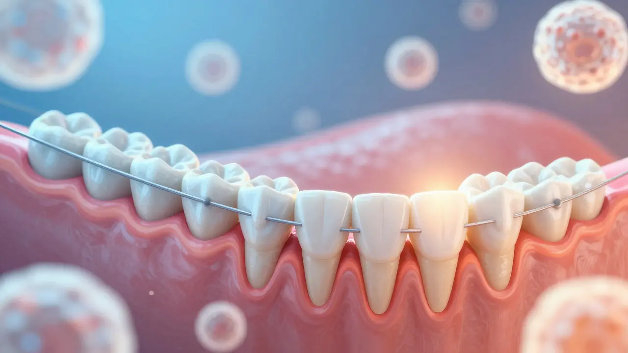 Křížový řez čelisti s přesunem zubů pod tlakem rovnátek a zánětlivými buňkami.