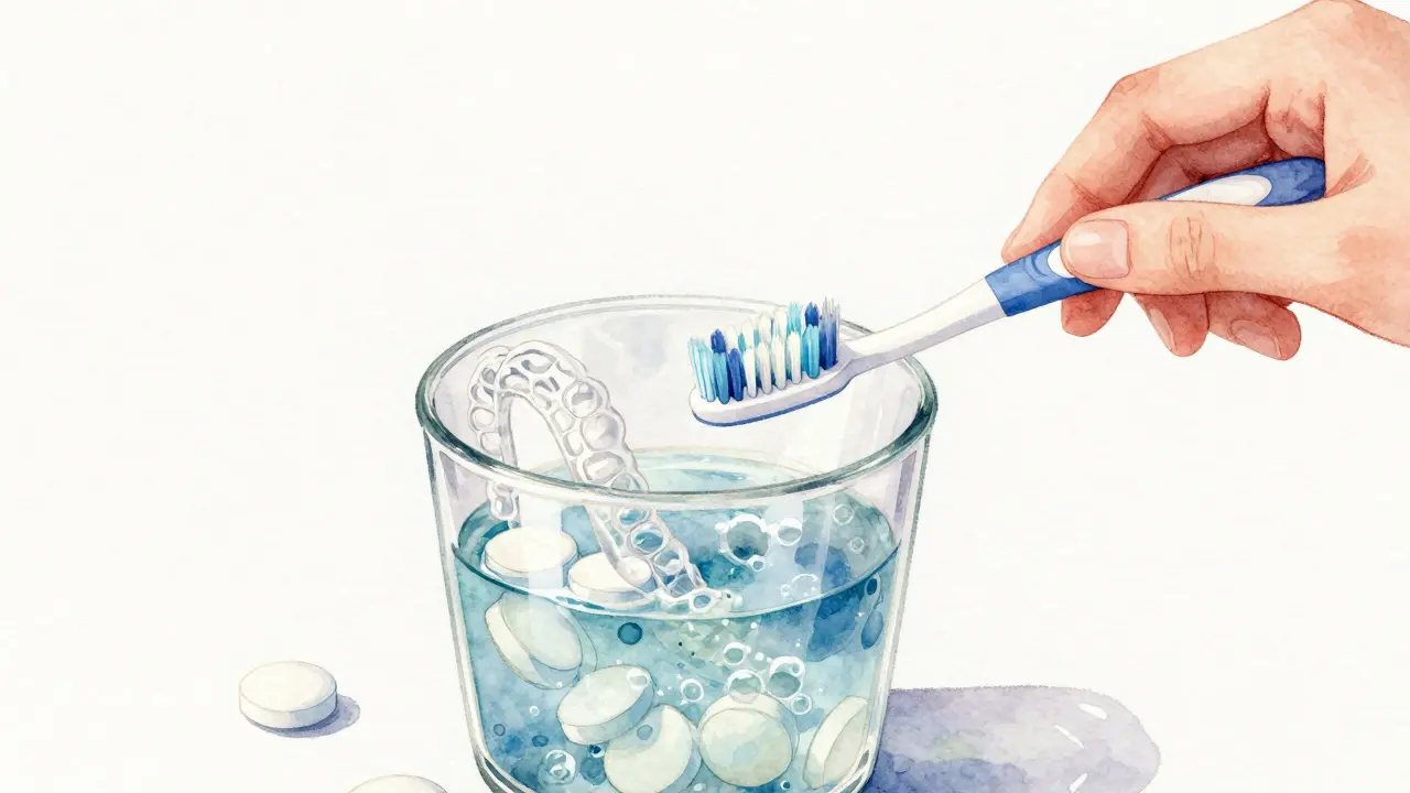 Měkký kartáček a čisticí tablety pro čištění rovnátek.