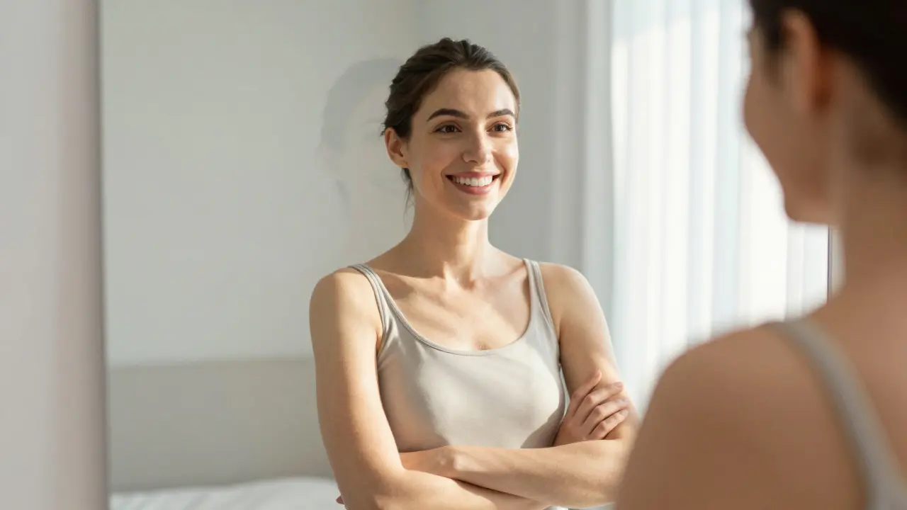 Osoba se směje do zrcadla, za ní se postupně vytrácí starý úsměv.