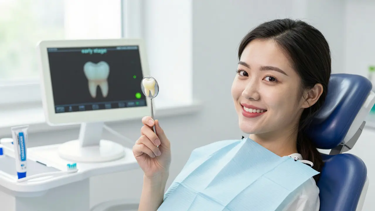 Patient smiling with a clean tooth after early caries treatment, no fillings, fluoride gel and toothbrush nearby.