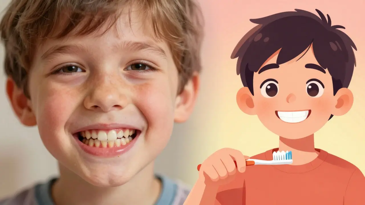 Porovnání dítěte s zubním kamenem a po očištění – od špatného k úsměvnému výsledku