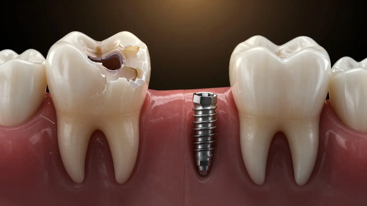 Porovnání zničeného zubu a implantátu v čelisti.