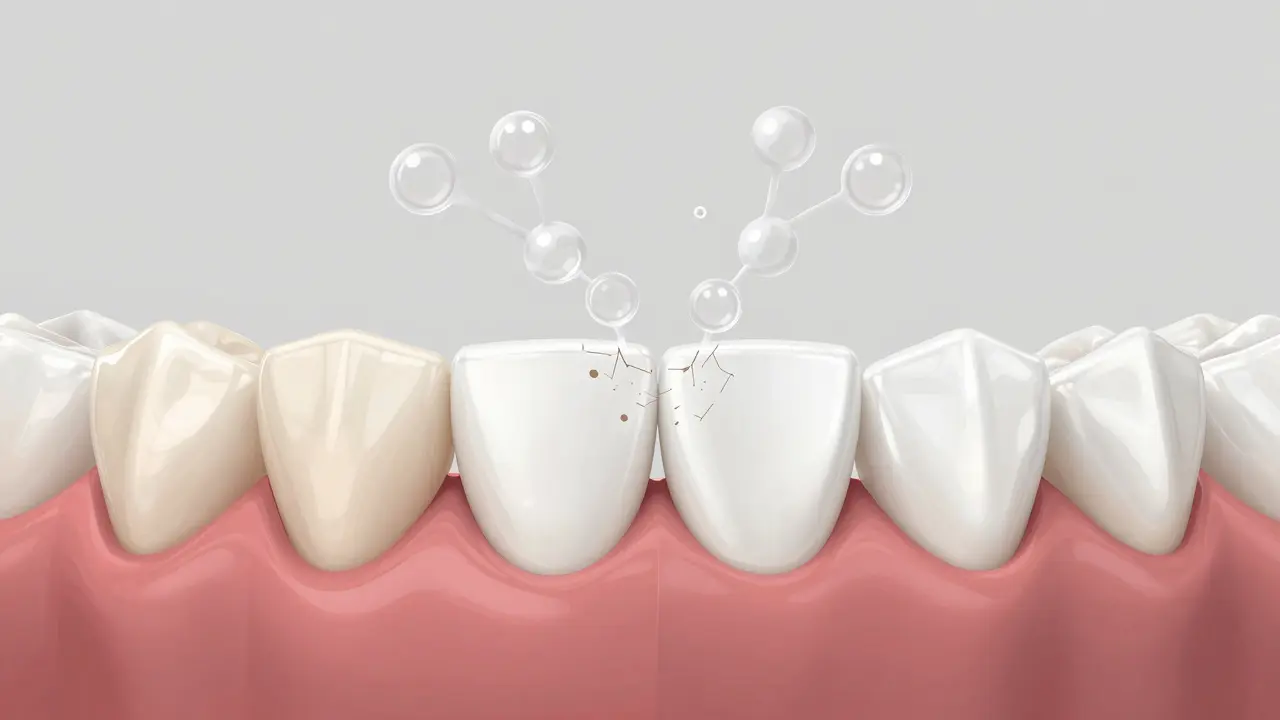 Porovnání zubů před a po bělení, s jemným vizuálním znázorněním rozkladu pigmentů.