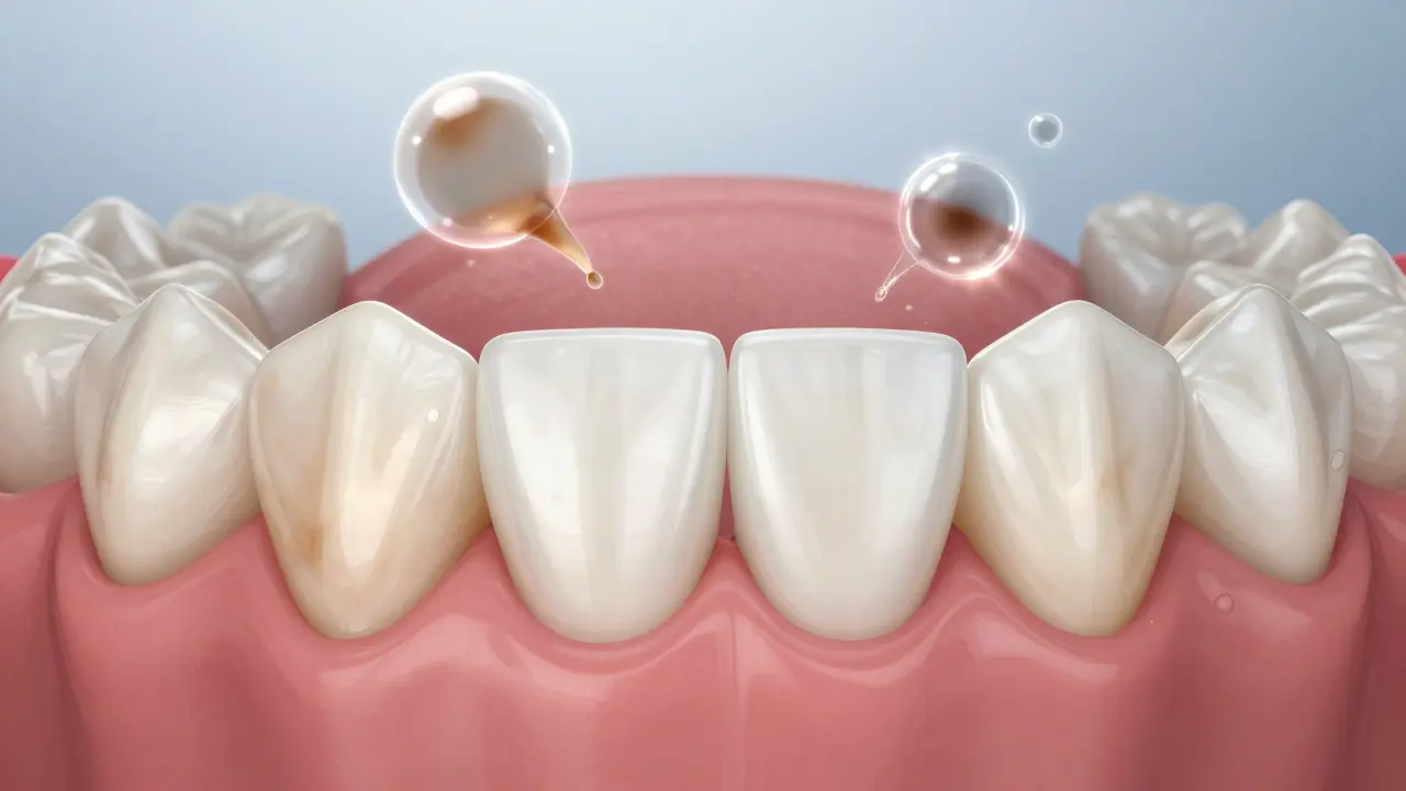 Před a po bělení zubů: odstranění povrchových skvrn od kávy a čaje.