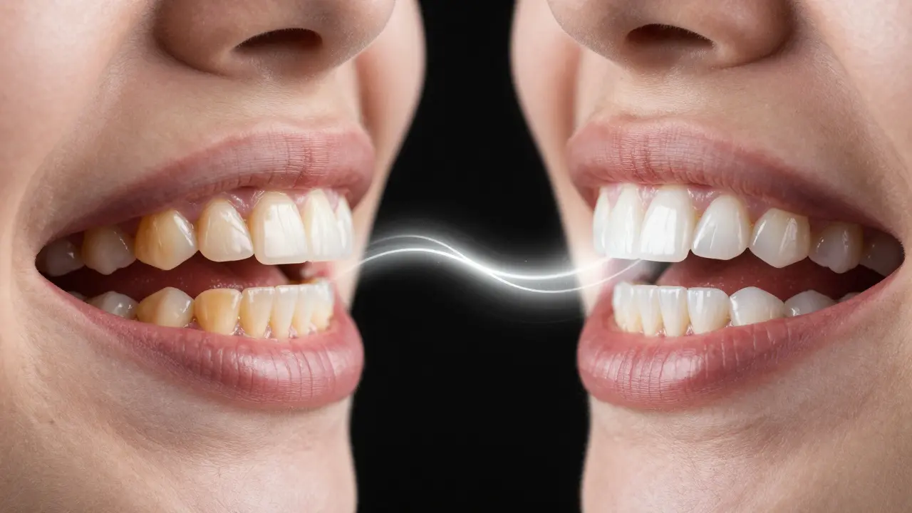 Před a po bělení zubů: špinavé zuby vlevo, bílé zuby vpravo, světelný proud mezi nimi.