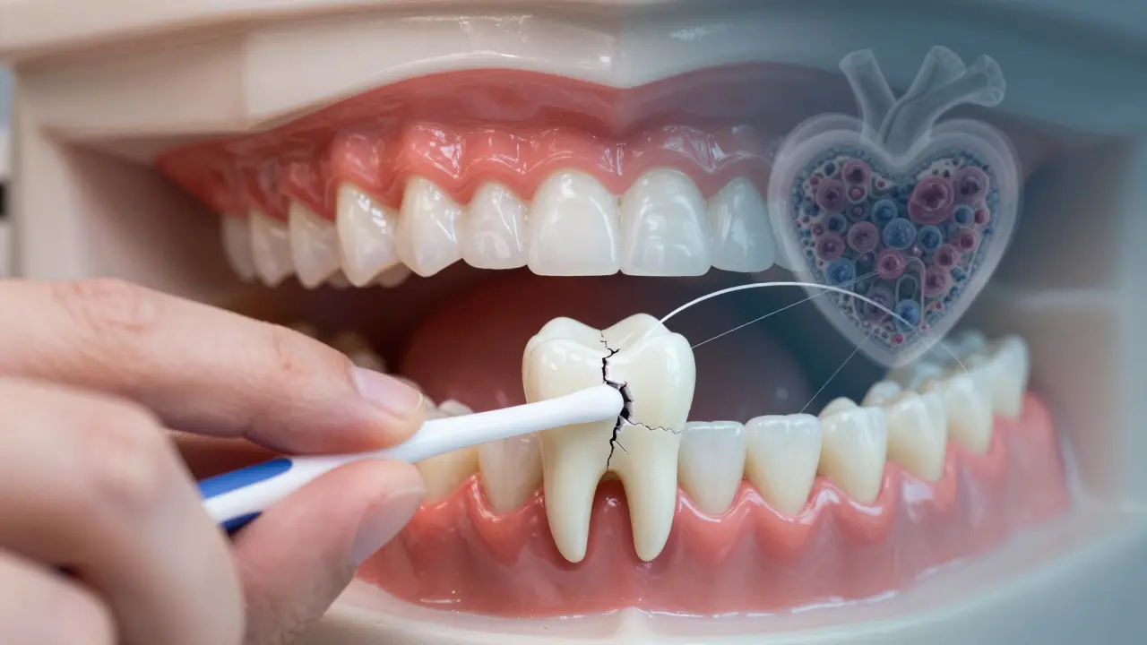 Ruka drží mezizubní kartáček a nit vedle modelu zubu s rozděleným pozadím zdravého a poškozeného ústního ústrojí.