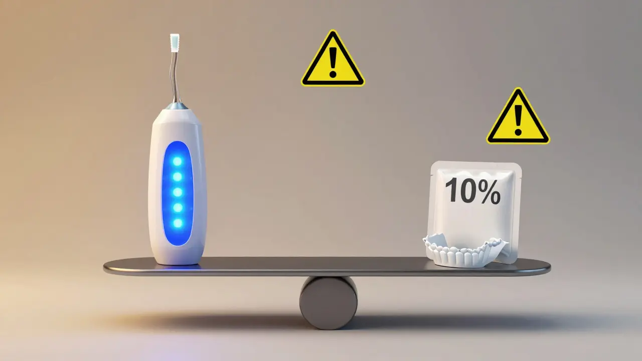 Srovnání domácího a profesionálního bělení zubů s varovnými symboly.