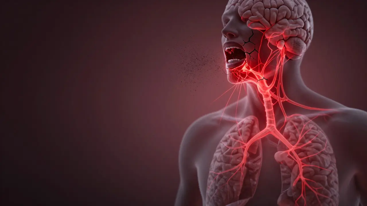 Tělo s červeným zánětem šířícím se z úst do mozku a plic, symbolizující vliv černého zubního kamene.