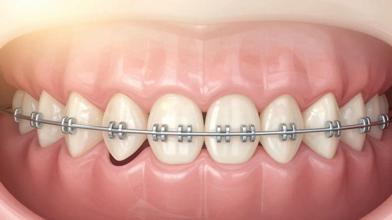 Time-lapse visual showing teeth moving together under orthodontic force until the gap closes completely.