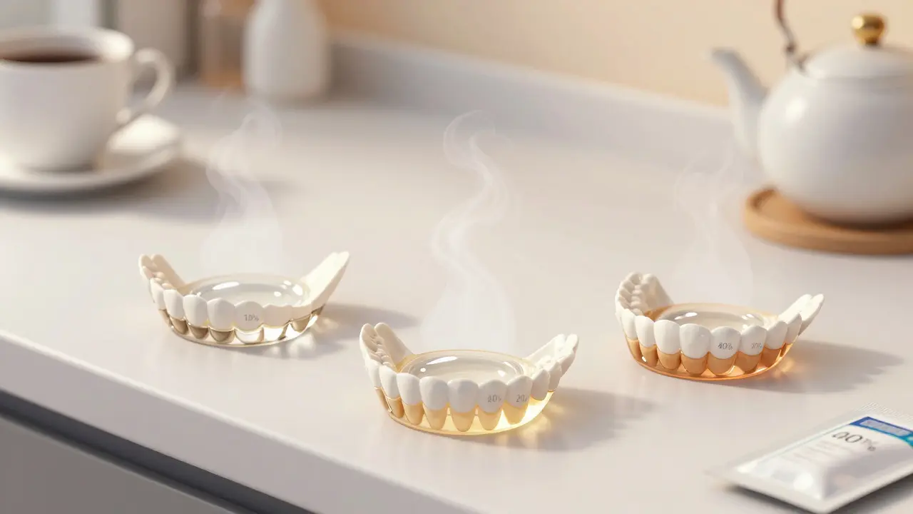 Tři dentální lišty s různými koncentracemi gelu, okolo nich káva a čaj jako zdroje skvrn.