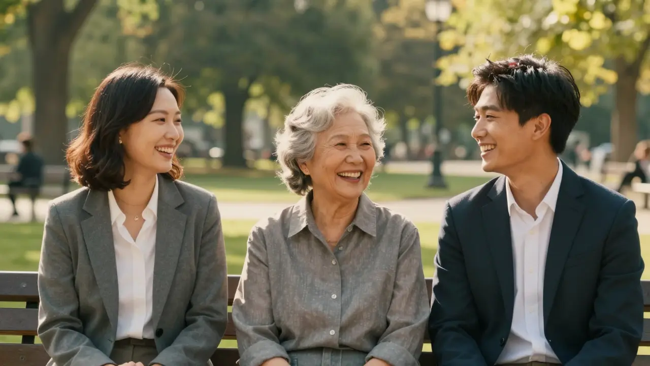 Tři lidé se smějí v parku, jejich otevřené úsměvy symbolizují sebevědomí a svobodu.