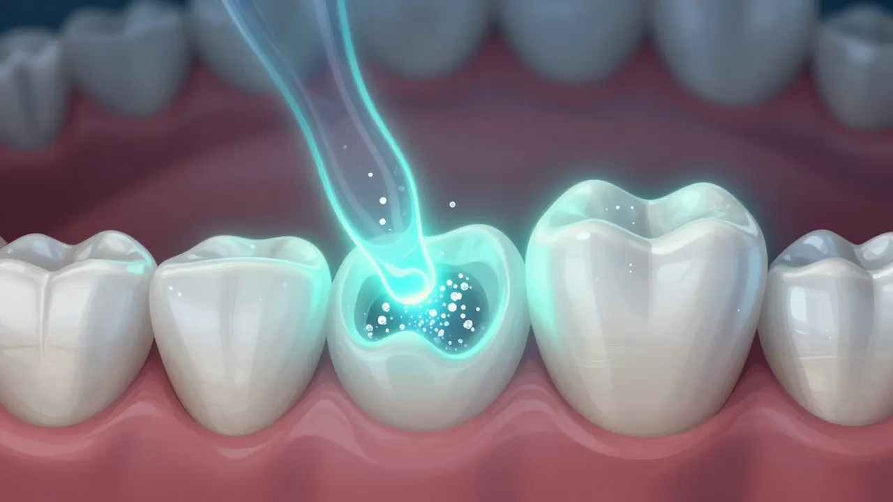 Vizualizace remineralizace zubní skloviny pomocí fluoridového gelu.