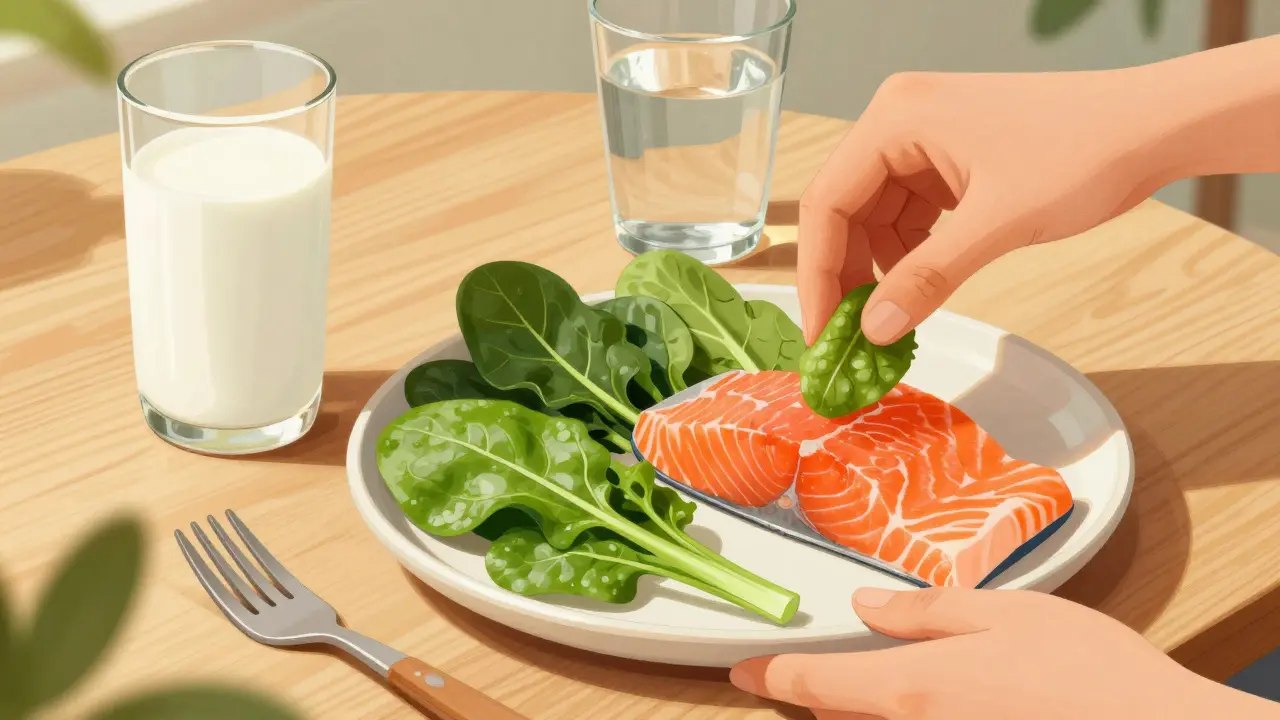 Zdravá strava pro zuby: mléko, listová zelenina a ryby na talíři.