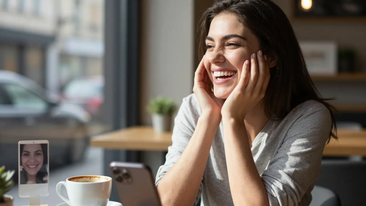 Žena se širokým, přirozeným úsměvem v kavárně, její keramické zuby nevypadají jako náhrada.