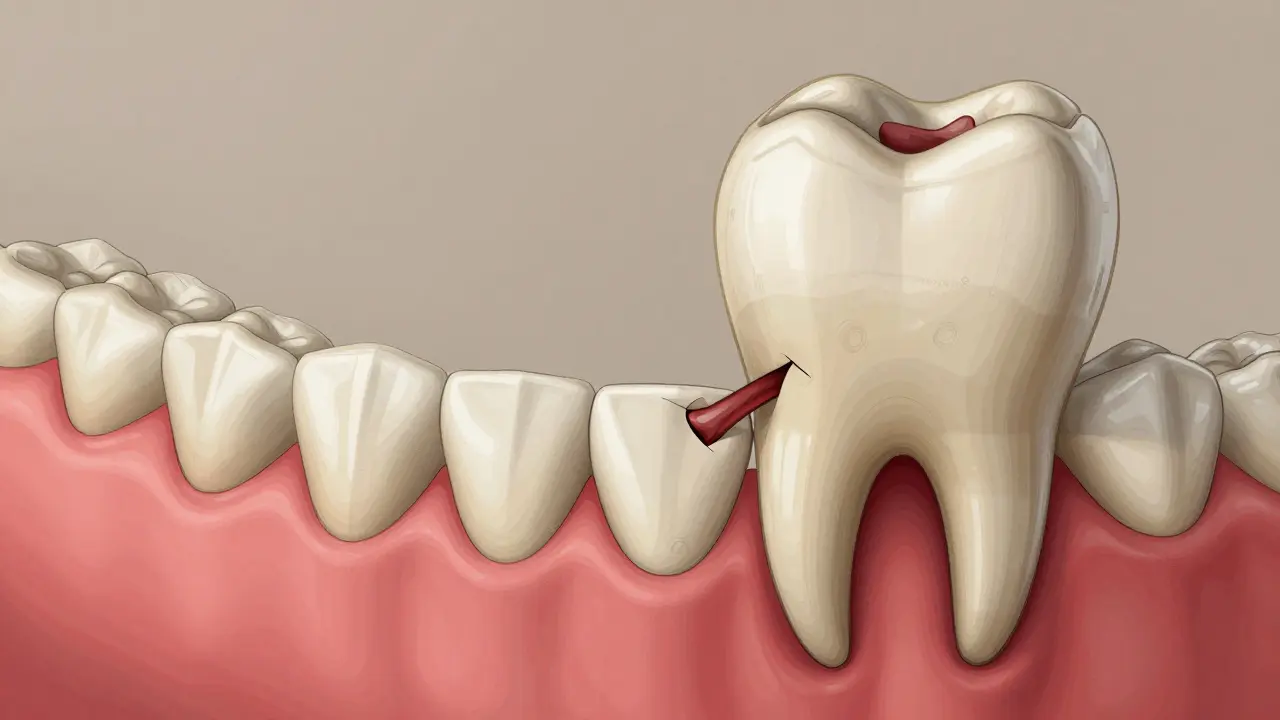 Zub moudrosti tlačící šikmo na sousední zub v přeplněné čelisti, znázorňující zubní konflikt.