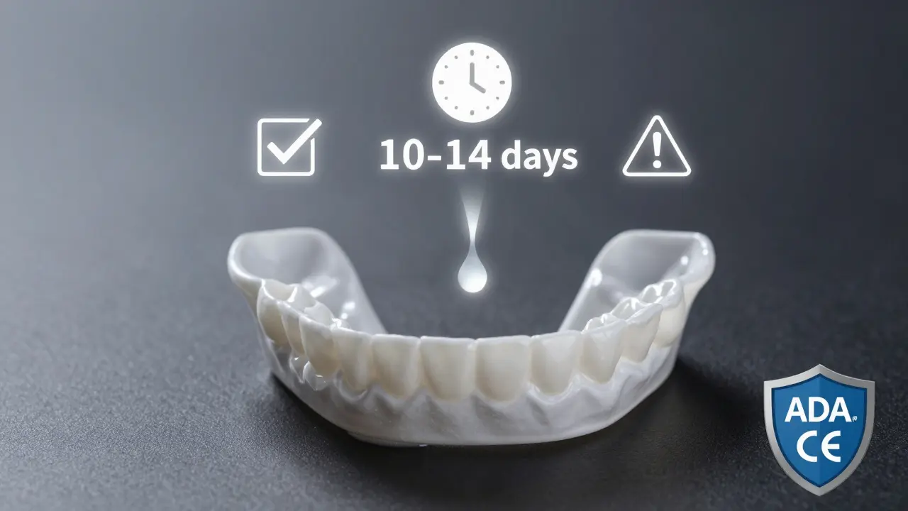 Zubní forma s kapkou gelu a symbolem certifikace ADA/CE, symbolizující bezpečné bělení.