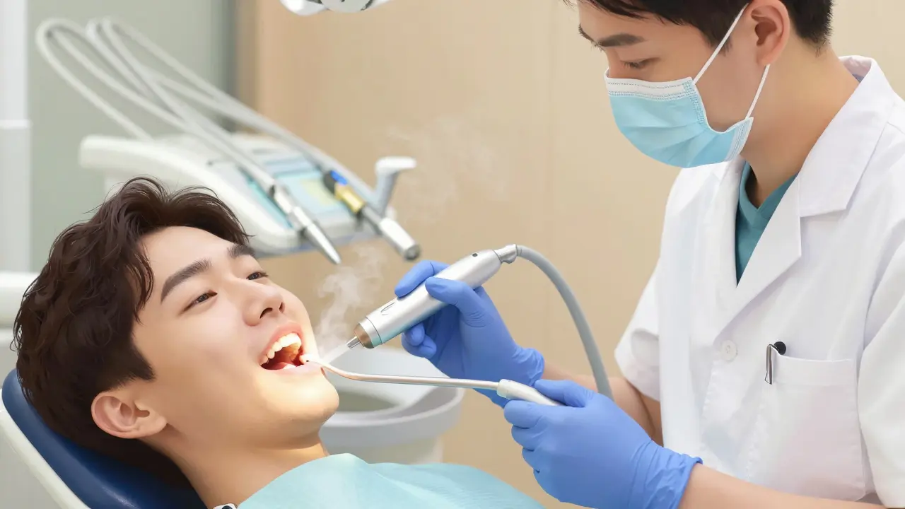 Zubní lékař odstraňuje zubní kámen ultrazvukovým skraberem.