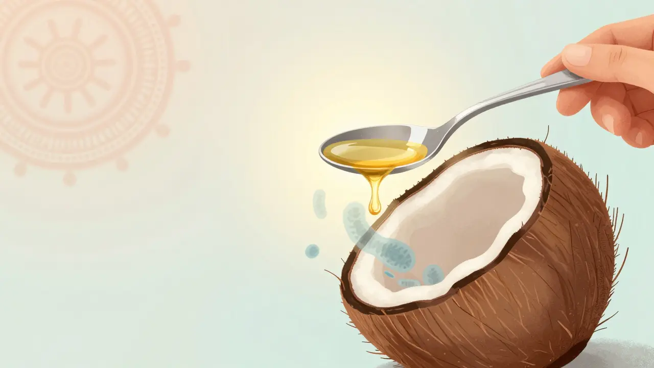 Čistění úst kokosovým olejem – ruka drží lžíci oleje nad ústy.