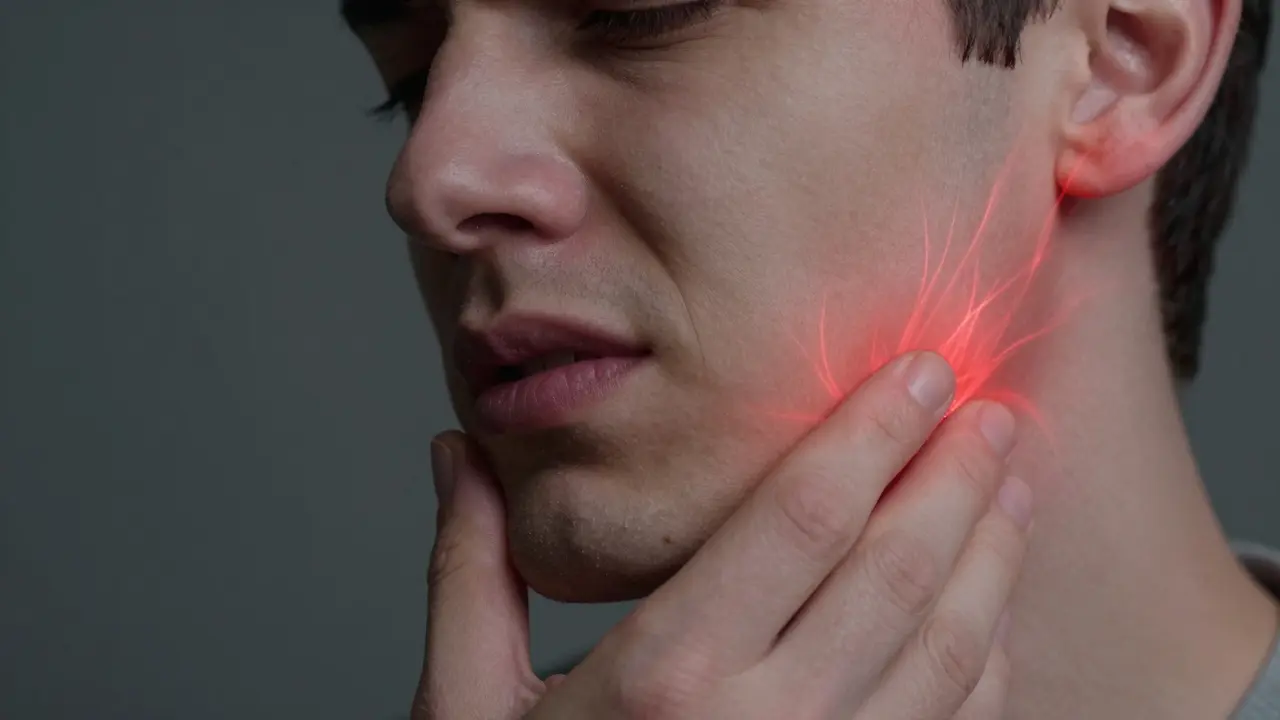 Člověk dotýká se čelisti, kde bolest zánětu okostice září do ucha a šíje, bez viditelných přístrojů.