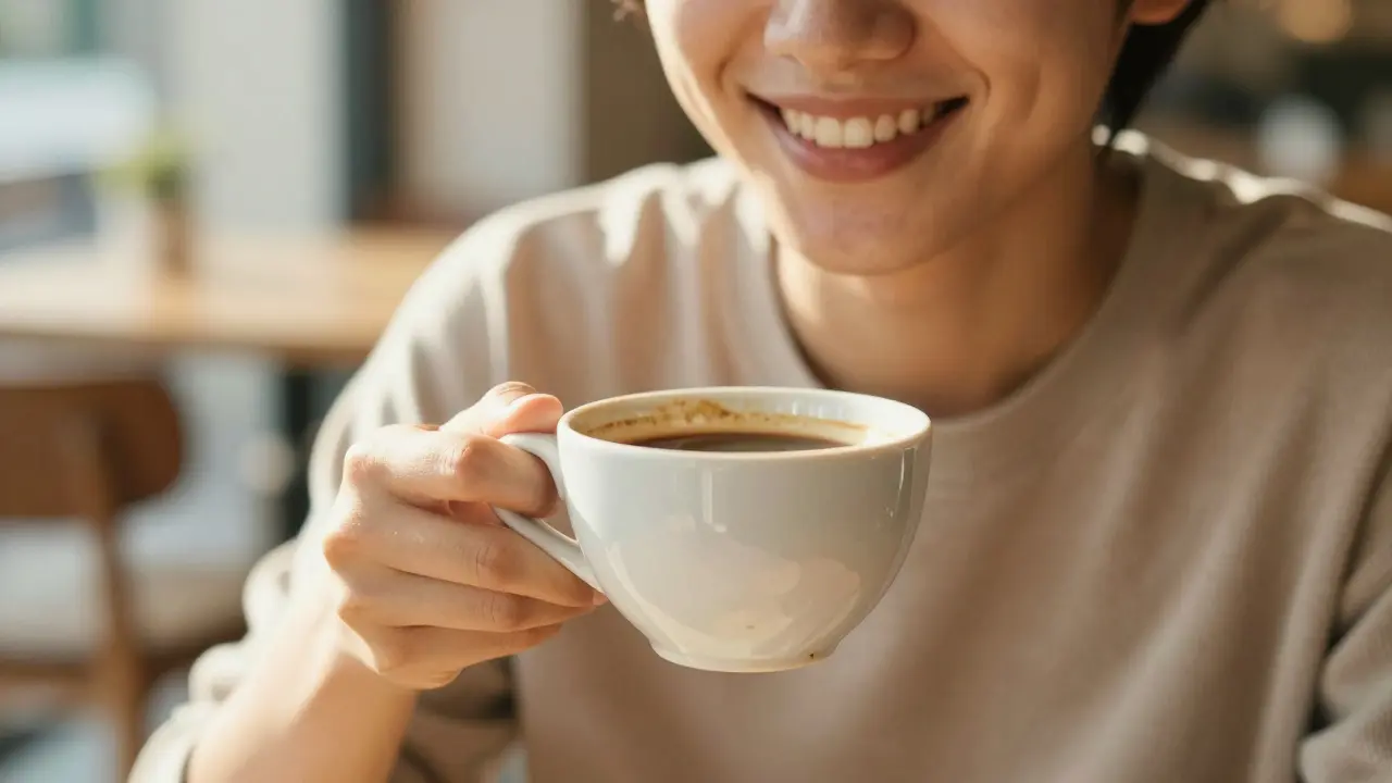 Člověk s kávou se usmívá, ilustruje odolnost zubů proti zbarvění.